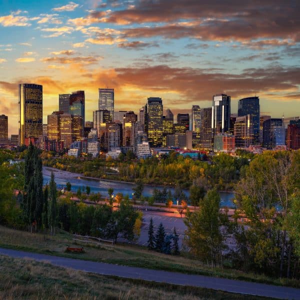 Sunset,Above,City,Skyline,Of,Calgary,With,Bow,River,,Alberta,