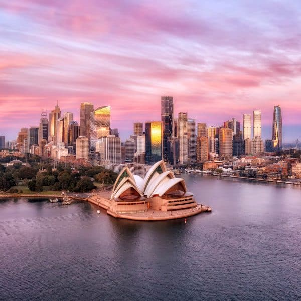 Aerial,Sunrise,Scenic,View,Of,Sydney,City,Harbour,Waterfront,Cityscape