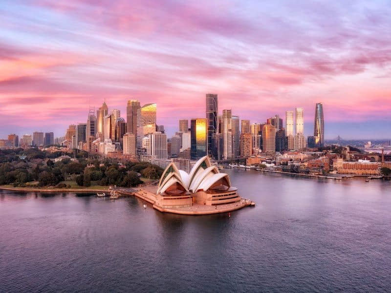 Aerial,Sunrise,Scenic,View,Of,Sydney,City,Harbour,Waterfront,Cityscape
